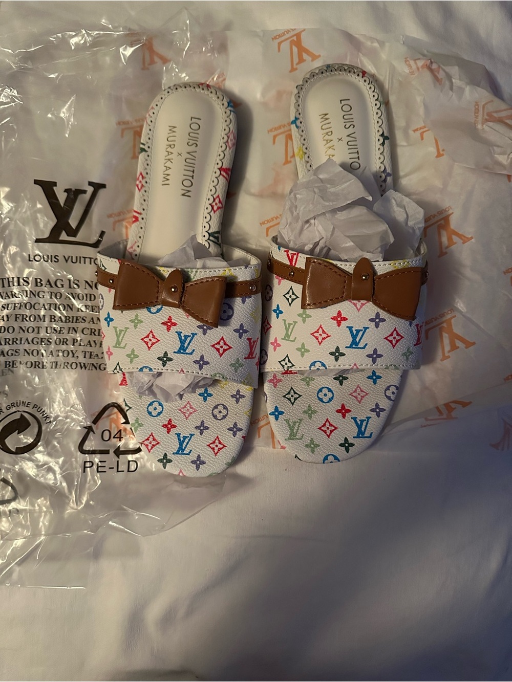 Louis Vuitton Multicolor Monogram Slide Sandals with Bow